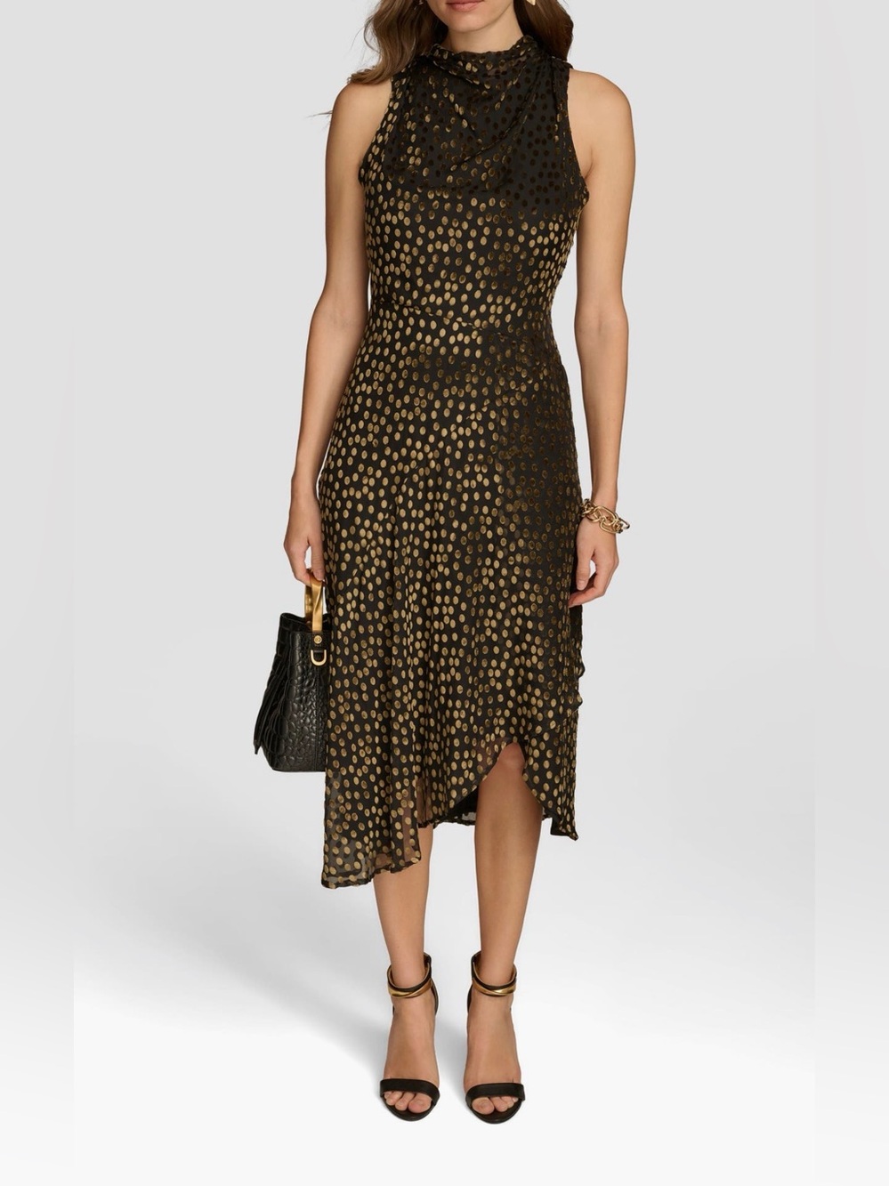 Donna Karan New York Metallic Dot Cowl Drape Neck Ruffle Flowy Chic Dress 16 XL